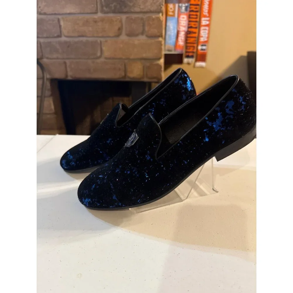 Platini Mens Black & Blue Velvet Loafers Size 8.5